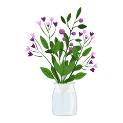 Various kinds of beautiful flowers arranged in jars and vases. on a white background vector illustration in the flat style