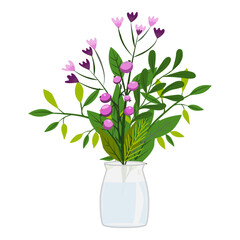 Naklejka na ściany i meble Various kinds of beautiful flowers arranged in jars and vases. on a white background vector illustration in the flat style