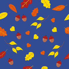 Autumn leaves on a blue background. Bright seamless pattern.