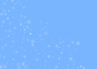 Delicate openwork white snowflakes. Snow, snowfall. Falling scattered blue snowflakes on a blue background. Vector