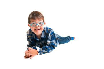 A child boy posing on studio white background