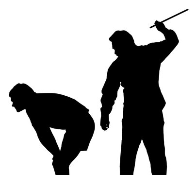 Silhouette of man applying corporal punishment on teenage boy