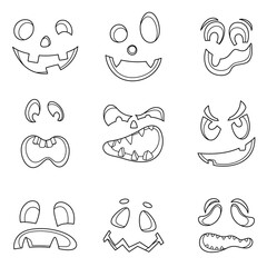 A set of emotional facial expressions for the jack-o-lantern pumpkin. A collection of different eyes and mouths for cartoon characters for Halloween. Customizable elements for design.