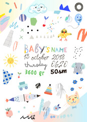 Cute birth poster. Newborn metric. Vector  - 540102954