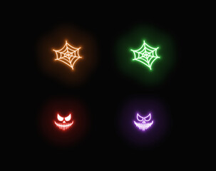 Spider Web and Smile halloween icons neon set of symbol vector 