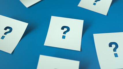 Lots Of Paper Cut Question Mark On The Blue Background, 3d Rendering