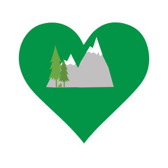 Mountains and fir trees inside a green heart