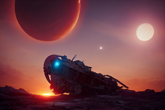 Crashed spaceship on an alien planet with moons in the background 3d rendering