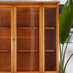Display cabinet, Mid-Century Modern, Walnut Credenza and Hutch. Interior photograph of elegant...