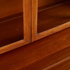 Detail view of display cabinet, Mid-Century Modern, wooden walnut Credenza and Hutch.