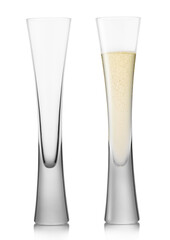 Mouth-blown empty and full luxury champagne flutes glasses on white background.
