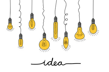 A hand-drawn light bulb with an idea hanging down, a symbol of the idea, a simple sketch in the style of doodles. Flat vector illustration.