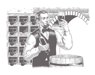 Winemaker or sommelier degusting red wine in wine cellar, holding wine glass and bottle. Enology concept. Traditional wine aging. Engraving style vector illustration. Good for label design.