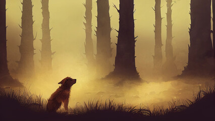 Dog in front of a dark scary forest.