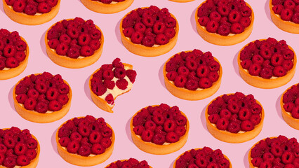 Tartlet with Raspberry and cream on pink background in hard light. Pattern.