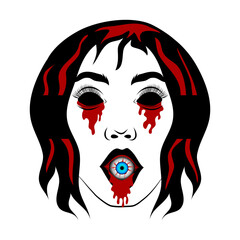 Women face with dripping bloody eyes and eye ball in mouth vector illustration