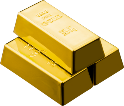 Close-up photo of gold bricks isolated on white background