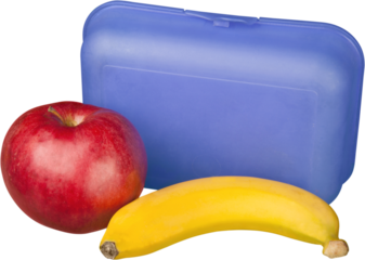 Red apple with banana and food box  for school