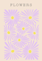 Fototapeta na wymiar Vector flat illustration. Cute spring card or poster. The picture shows a milky background and purple daisies. With any inscription on top.