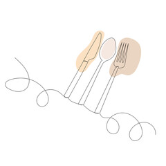 knife, fork, spoon drawing in one continuous line, isolated vector
