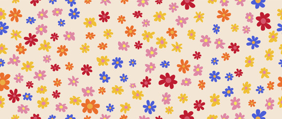 Vector flat illustration. Seamless pattern. Drawing with small scattered flowers. Elegant floral background. Suitable for designing fashion prints, seamless wallpaper, textiles, packaging.