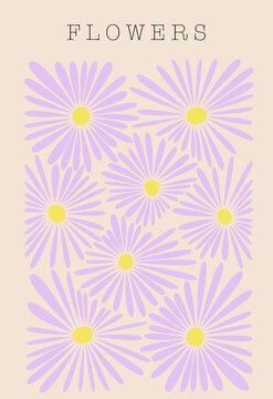 Vector flat illustration. Cute spring card or poster. The picture shows a milky background and purple daisies. With any inscription on top.