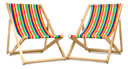 Two deck chairs isolated against a white background