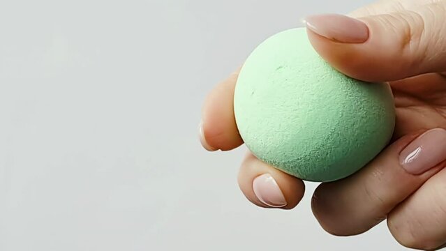 Womans hand holds soft makeup sponge. Close-up of elastic sponge for applying foundation. Slow motion.