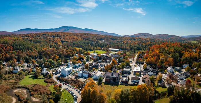 Panoramic aerial view of the town of Stowe in Vermont in the fall
