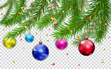 Christmas pine branches, decorated with hanging colored balls and pieces of serpentine, isolated on transparent background