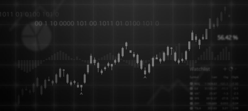 Monitor stock market with financial data, analyzing candle bar price flow, concerned trading close-up. Stock, Crypto investment, technology concept. Financial growth, revenue graph, background.