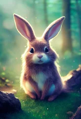 Nettes Karikaturkaninchen auf grünem Gras. Nettes Kaninchen auf einem fabelhaften Hintergrund. 3D-Rendering. © designprojects
