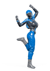 cosmonaut girl is dancing in pin up pose on white background