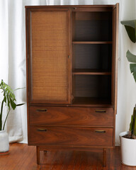 Mid-Century Modern Walnut Chest with woven cane doors. Wooden vintage hutch with shelves and drawers. Interior view surrounded by lively houseplants.