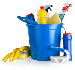 House Cleaning Equipment and Supplies in Bucket - Isolated - obrazy, fototapety, plakaty