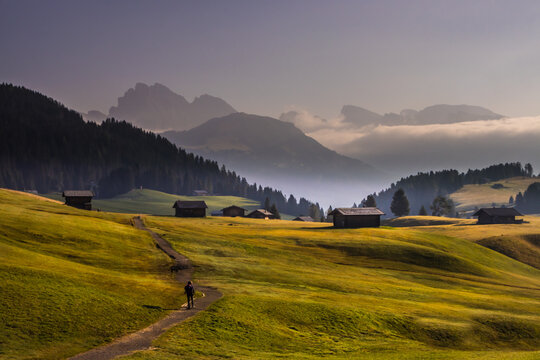 Sunrise on Seiser Alm mountain meadow in Dolomites © tmag