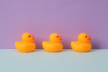 Rubber ducklings on a pastel two tone background. Minimal summer concept