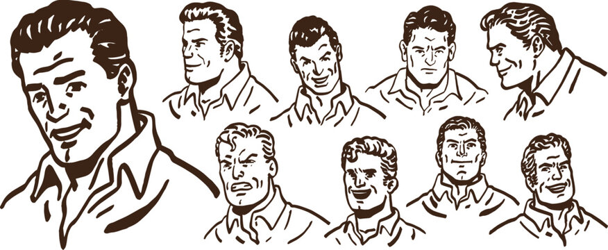 Retro Business Man Doctor Set of Multiple Face portraits vintage style expressions Vector Black and White Greeting Card Ready 