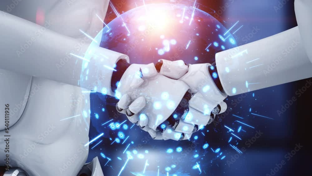 Poster 3d rendering hominoid robot handshake to collaborate future technology development by ai thinking br