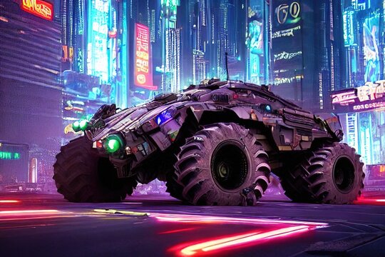 War Machine Monster Truck,  Cyberpunk City Night. Digital Illustration