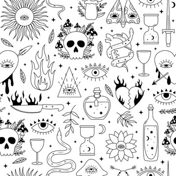 Seamless vector pattern with 70s psychedelic tattoo drawings. Mystic background with snake, heart, skull, eye, mushrooms, potion sketches. Cartoon hippy texture