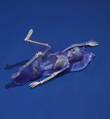 Creative Halloween layout, Skeleton with slime on dark blue background with shadow. Visual trend. Fresh idea. Concept pop