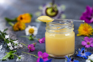 A variety of bee products. Honey, pollen, propolis, Apitherapy. Healthy products made by bees.