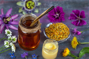 A variety of bee products. Honey, pollen, propolis, Apitherapy. Healthy products made by bees.