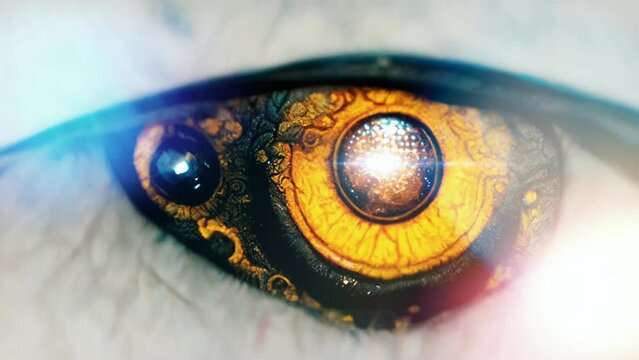 Fantastic eye macro. Alien look. Bioengineering concept. Yellow pupil.