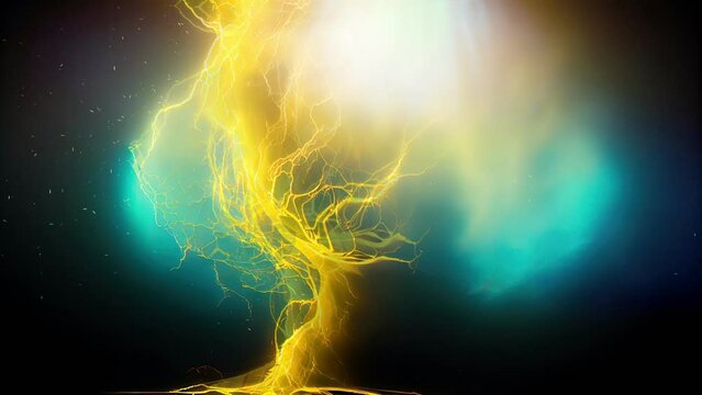 Abstract tree in Ukrainian colors. Yellow and blue thunderstorm. Lightning digital footage. UA background.