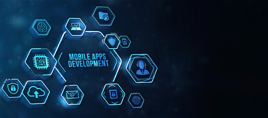 Internet, business, Technology and network concept. Inscription MOBILE APPS DEVELOPMENT on the virtual display. Cloud technology concept. 3d illustration.