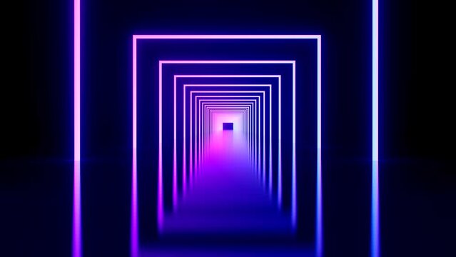 Abstract fantasy corridor with neon lighting. 3d animation with glowing squares