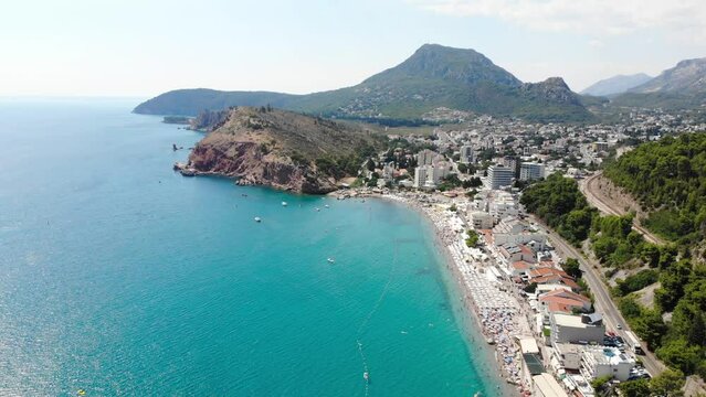 Beach holiday concept. Aerial view of Sutomore, famous resort town