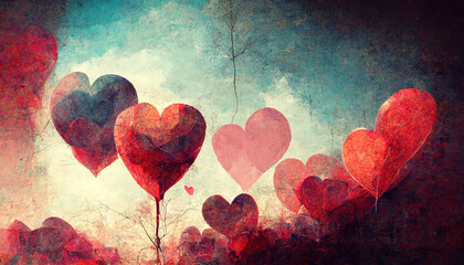 Watercolor background with hearts on a blue background